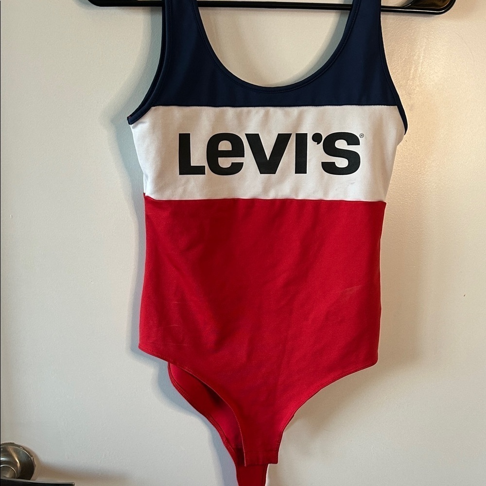 Small Levi’s Colorblock Logo Bodysuit Red White Blue Stretch One-Piece - Picture 2 of 9